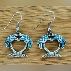 925 Sterling Silver Blue Opal Heart/Palm Tree Shape Dangle Earrings French Wire